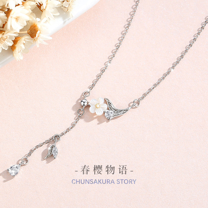 Cherry Blossom Sterling Silver 925 Necklace Women's Fashion Versatile Butterfly Zircon Clavicle Chain Ins Style Flower Tassel Necklace
