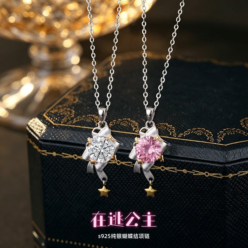 Princess Escape Bow S925 Sterling Silver Necklace Exquisite Brushed Craft Pink White Zircon Girl Style Gift Silver Jewelry