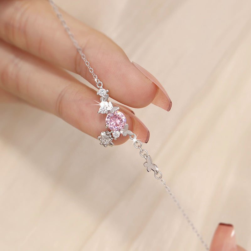 Sterling Silver Cherry Blossom and Butterfly Bracelet – Pink Zircon