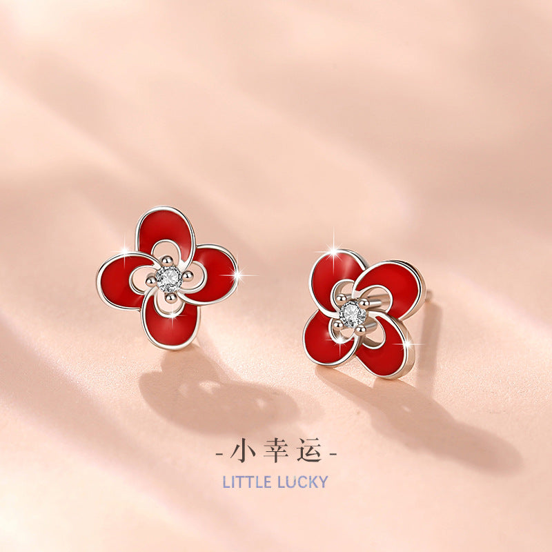 Lucky Clover Sterling Silver 925 Stud Earrings Women's Fashion All-Match Zircon Earrings Ins Style Flower Earrings