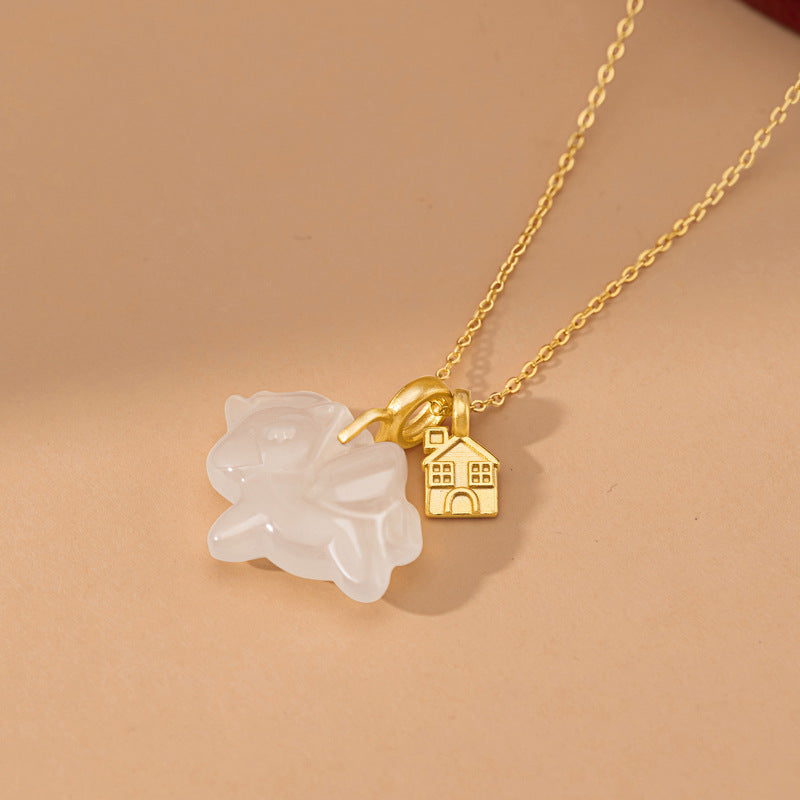 Immediately Rich Sterling Silver 925 Necklace Female National Fashion White Agate Birth Year Clavicle Chain Ins Style Zodiac Horse Pendant