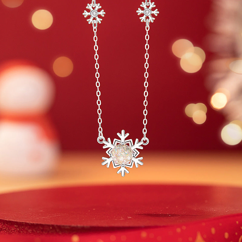 Snowflake Sterling Silver 925 Necklace Women's Fashion Versatile Glazed Stone Star Clavicle Chain Ins Style Christmas Pendant