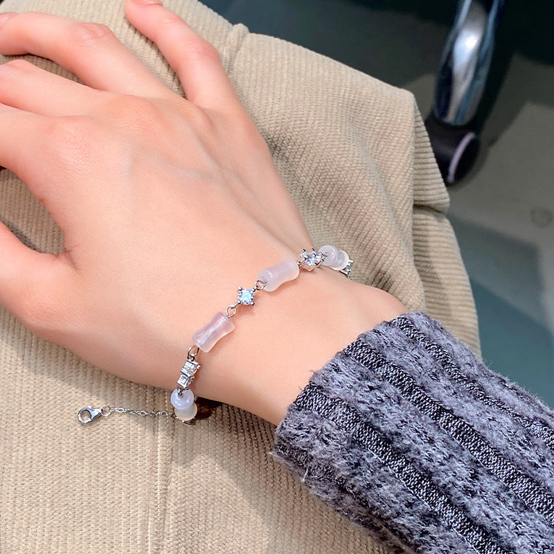 S925 Sterling Silver Bamboo White Agate Bracelet Female New Chinese Style High-Rise Light Luxury Niche Birthday Gift for Girlfriend Female