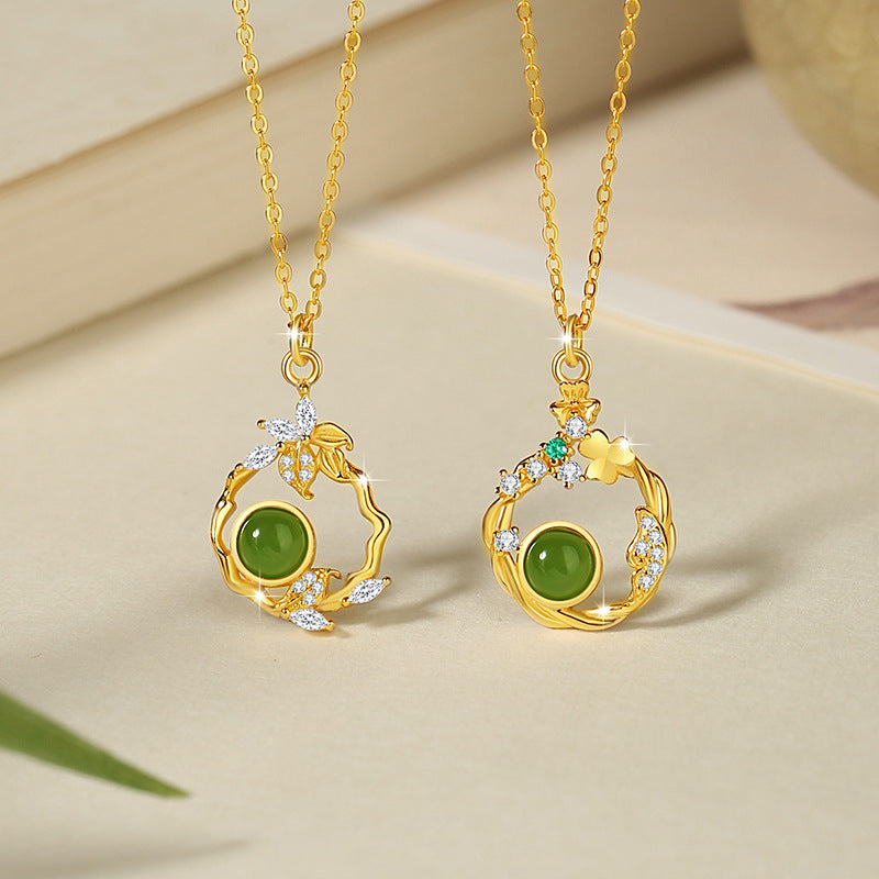 Original Flowers like Brocade Sterling Silver 925 Hetian Jasper Necklace New Chinese Style National Fashion Flower Clavicle Chain Butterfly Pendant