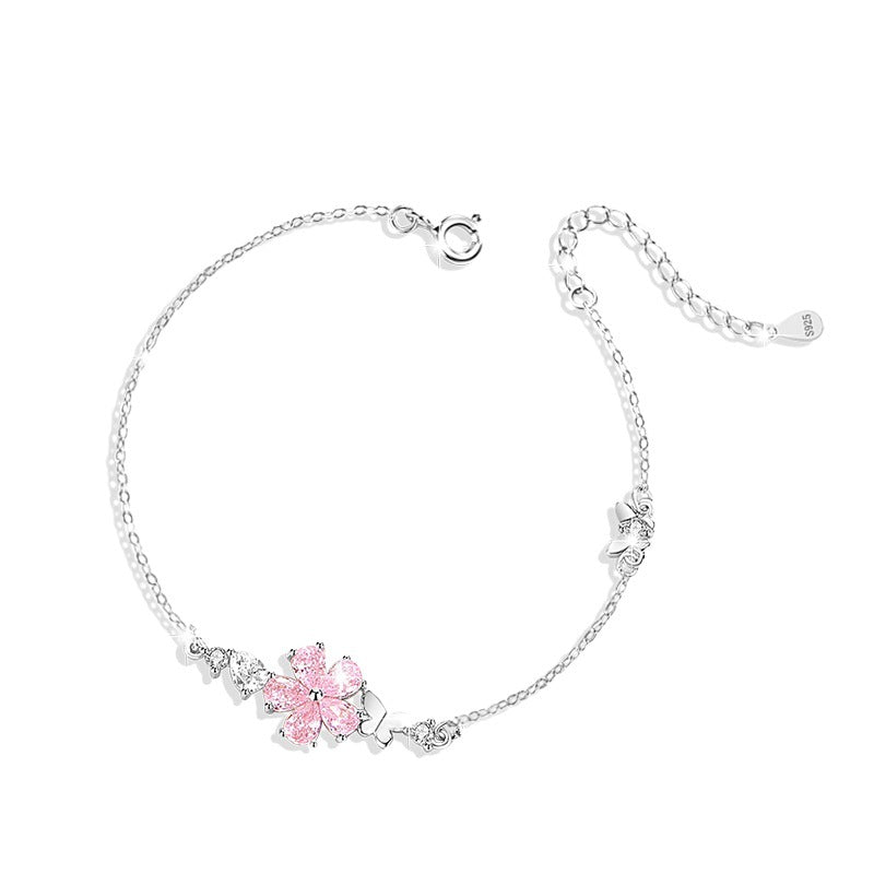 Cherry Blossom Sterling Silver 925 Bracelet Female Niche Design Light Luxury Pink Zircon Bracelet for Girls Ins Style Butterfly Bracelet
