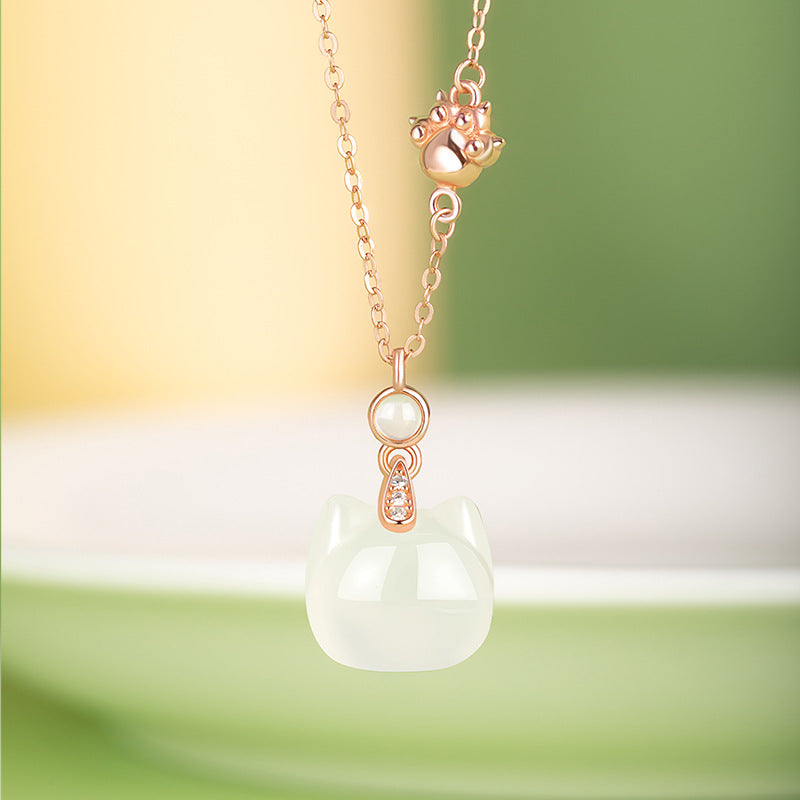 National Fashion Cat White Chalcedony Necklace Female Original S925 Sterling Silver Cat Claw Clavicle Chain Internet Celebrity Live Supply Delivery