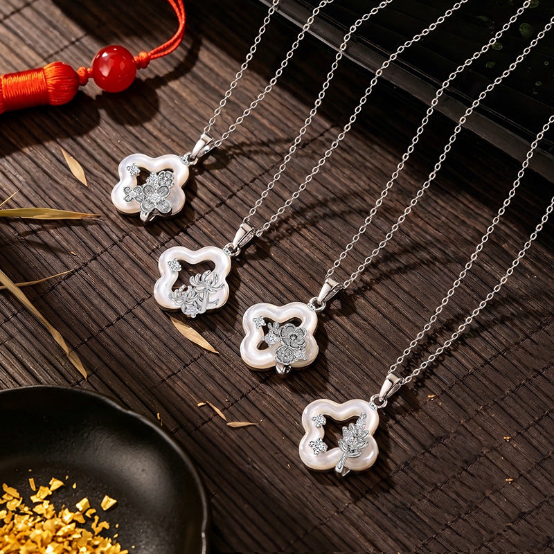 S925 Sterling Silver Necklace Women's Natural White Fritillary Clover Pendant Twelve Flower God National Style Silver Jewelry Light Luxury Clavicle Chain