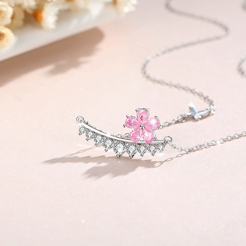 Cherry Blossom Sterling Silver 925 Necklace for Women, Niche Design, Light Luxury Zircon Clavicle Chain, INS Style Flower Pendant