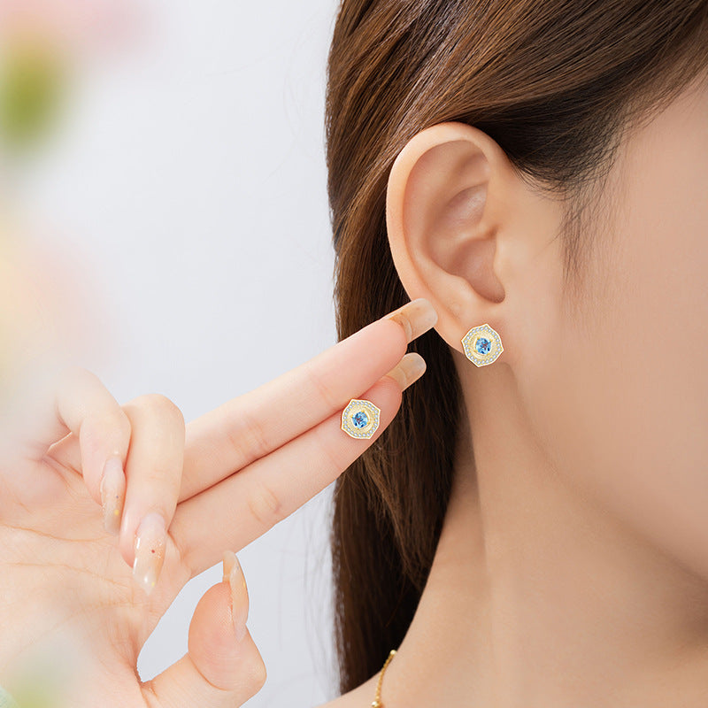 Ocean Heart Sterling Silver 925 Stud Earrings Women's Light Luxury High-Grade Navy Blue Zircon Square Sugar Earrings Ins Style Lovely Earrings