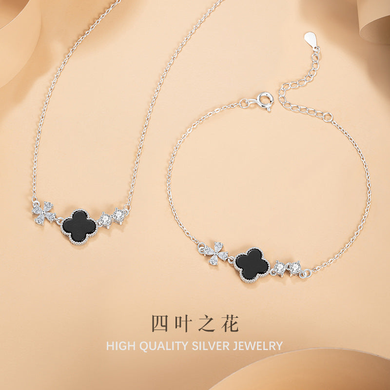Lucky Clover Sterling Silver 925 Necklace Women's Light Luxury High-Grade Black Agate Flower Clavicle Chain Ins Zircon Pendant