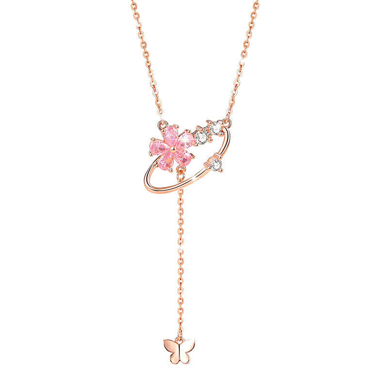 Cherry Blossom Sterling Silver 925 Necklace Female Niche Design Light Luxury Pink Diamond Clavicle Chain 520 Valentine's Day Tassel Pendant