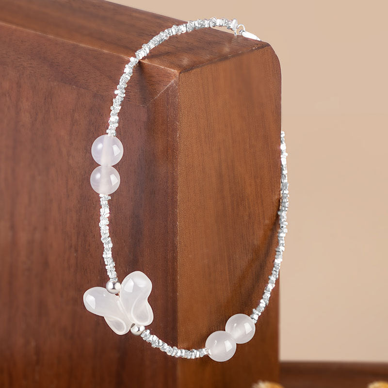 Silver Jewelry Source Factory Wholesale S925 Sterling Silver Broken Silver Couple Bracelet New Butterfly Dancing White Chalcedony Bracelet for Women