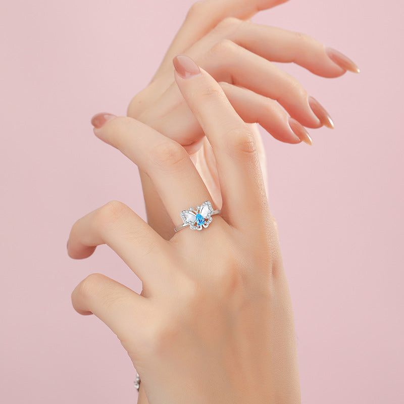 Original Butterfly Sterling Silver 925 Ring Women's Fashion All-Match Sea Blue Zircon Ring Ins Style White Fritillary Ring