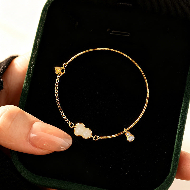 New Chinese Style S925 Sterling Silver Bracelet Women's National Style Hetian Jade Gourd Fu Lu Bracelet Holiday Anniversary Gift Accessories