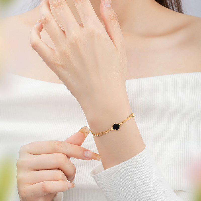 Lucky Clover Sterling Silver 925 Bracelet Female Niche Design Light Luxury Black Agate Bracelet Ins Style Flower Bracelet