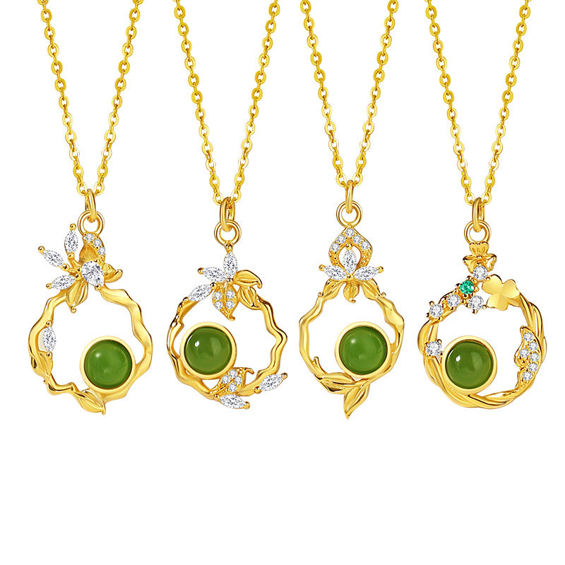 Original Flowers like Brocade Sterling Silver 925 Hetian Jasper Necklace New Chinese Style National Fashion Flower Clavicle Chain Butterfly Pendant