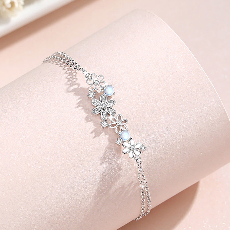 Flower Sterling Silver 925 Bracelet Women's Fashion All-Match Glass Stone Bracelet for Girlfriend Ins Style Petal Zircon Bracelet