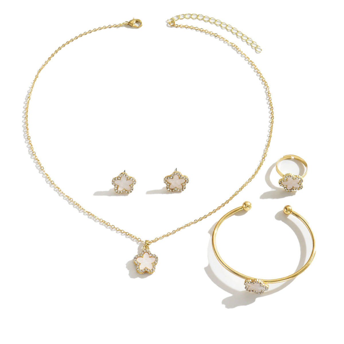 Cross-Border European and American Style Women's Jewelry Set Geometric Flower Design Necklace Versatile High-Grade Earrings Ring for Women