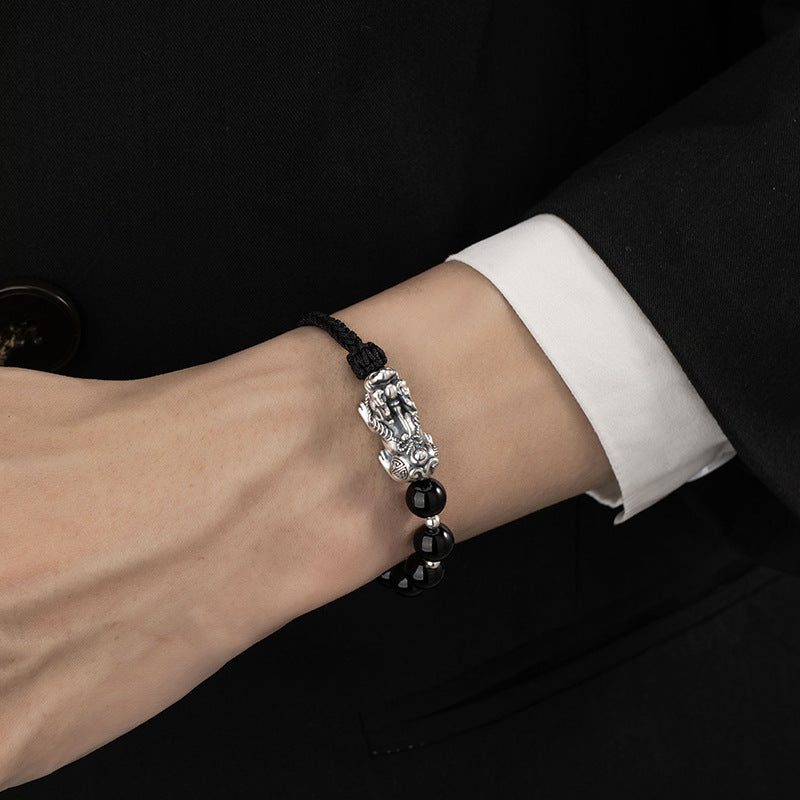 Pure Silver 999 Bracelet Men's Niche Light Luxury High-Grade Feeling NAFU Bracelet New Chinese National Fashion Red Agate Bracelet