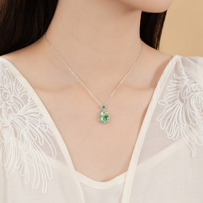 Fu Lu Double Full Sterling Silver 925 Necklace Women's National Fashion Natural African Emerald Copper Coin Clavicle Chain Ins Chalcedony Gourd Pendant