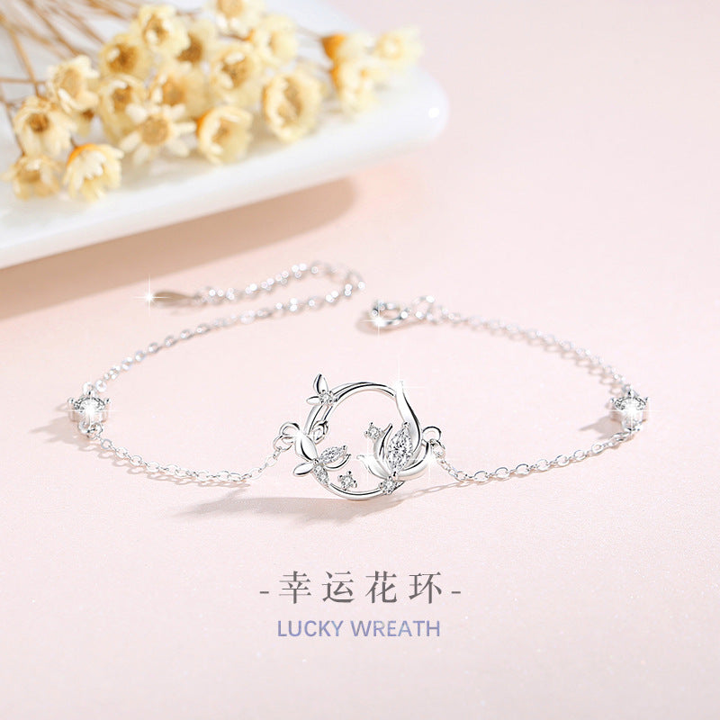 Lucky Garland Sterling Silver 925 Bracelet Female Niche Design Light Luxury Zircon Flower Bracelet Object Butterfly Bracelet