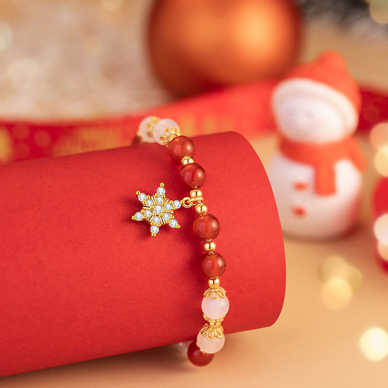 Snowflake Sterling Silver 925 Bracelet Women's Fashion All-Match Shijia Pearl Bracelet Ins Style Christmas Gift Chalcedony Bracelet