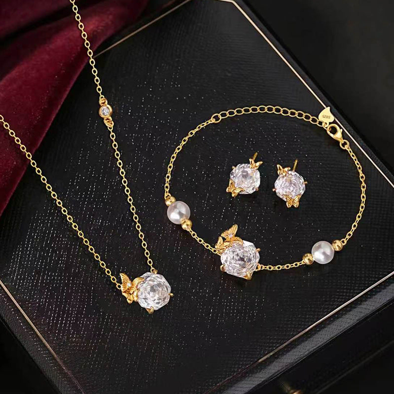 S925 Sterling Silver Necklace Bracelet Earrings High-Grade Spherical Rose Cut Pink Zirconium Pearl French Butterfly Jewelry Set