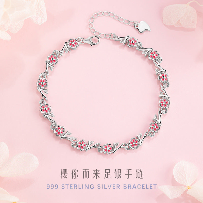 Sansheng Sanshi Shili Peach Blossom Pure Silver 999 Bracelet Female Light Luxury High-Grade Flower Bracelet Ins Style Cherry Blossom Bracelet