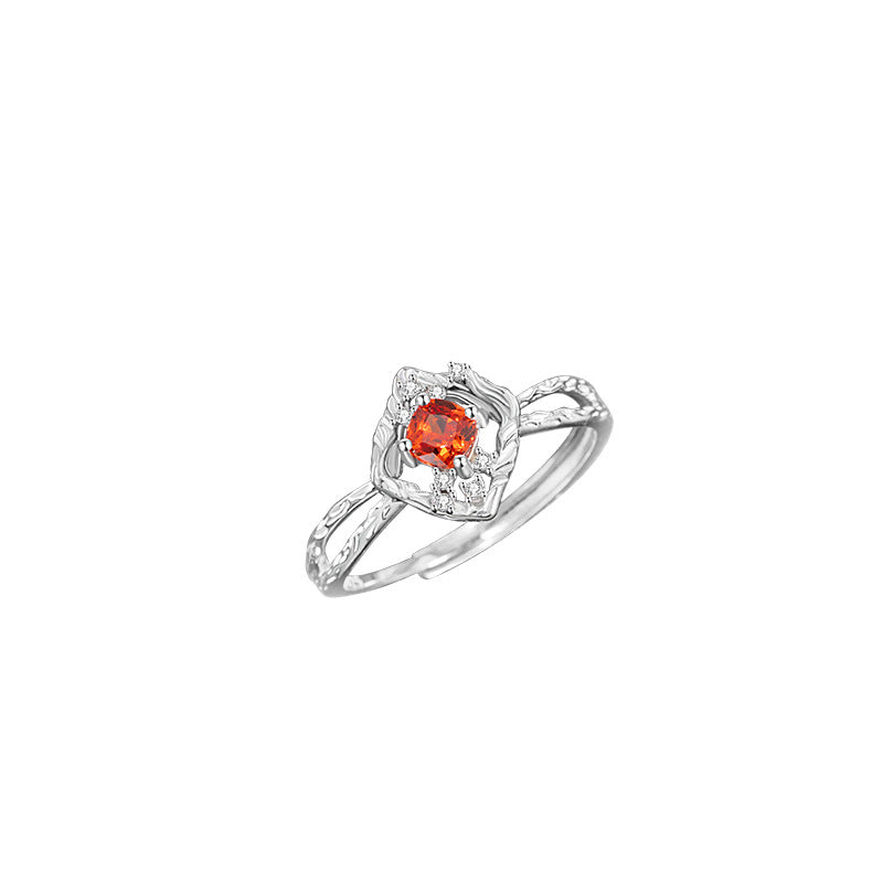 Ice Flower Sterling Silver 925 Ring Female Niche Light Luxury High-Grade Square Sugar Orange Zircon Ring Ins Style Love Ring