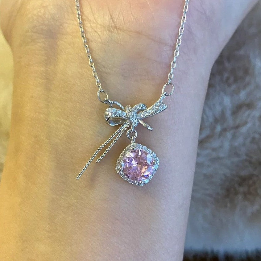Bowknot Sterling Silver 925 Necklace Female Cute Sweet Style Zircon Clavicle Chain Ins Valentine's Day Cube Sugar Line Pendant