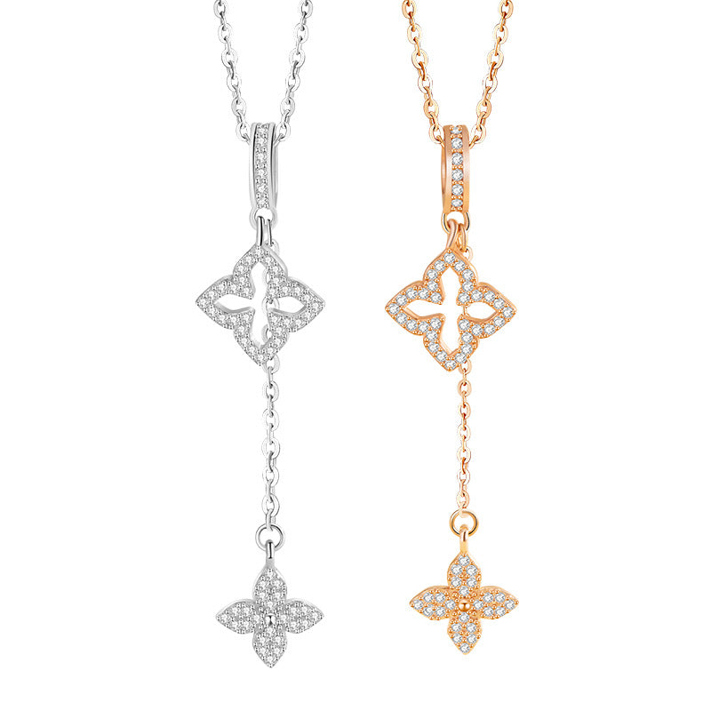 Clover Sterling Silver S925 Necklace Women's Simple Niche Design Flower Clavicle Chain in Style Tassel Star Pendant