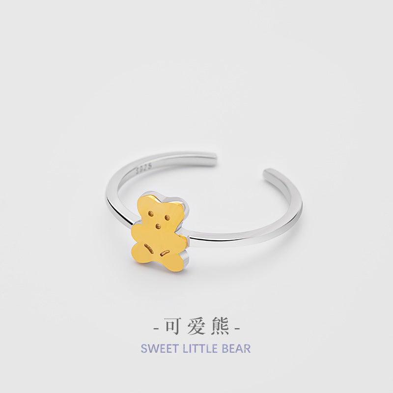 Teddy Bear Sterling Silver 925 Open Ring Female Niche Design Light Luxury Glossy Ring Ins Cute Cute Bear Ring