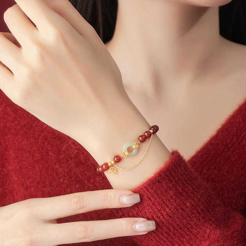 Xiangyun Hetian Jade Sterling Silver 925 Bracelet Women's Light Luxury Lucky Brand Red Agate Bracelet Ins Style Safety Buckle Bracelet