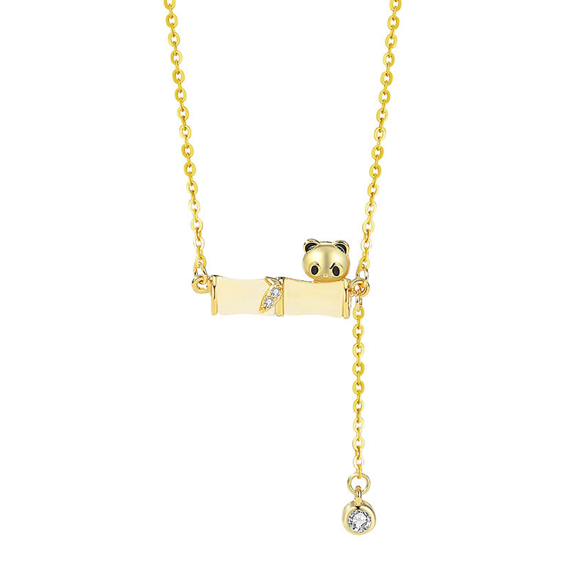 Panda Sterling Silver 925 Hetian Jade Necklace Women's New Chinese Style National Fashion Bamboo Clavicle Chain Ins Style High-Rise Pendant