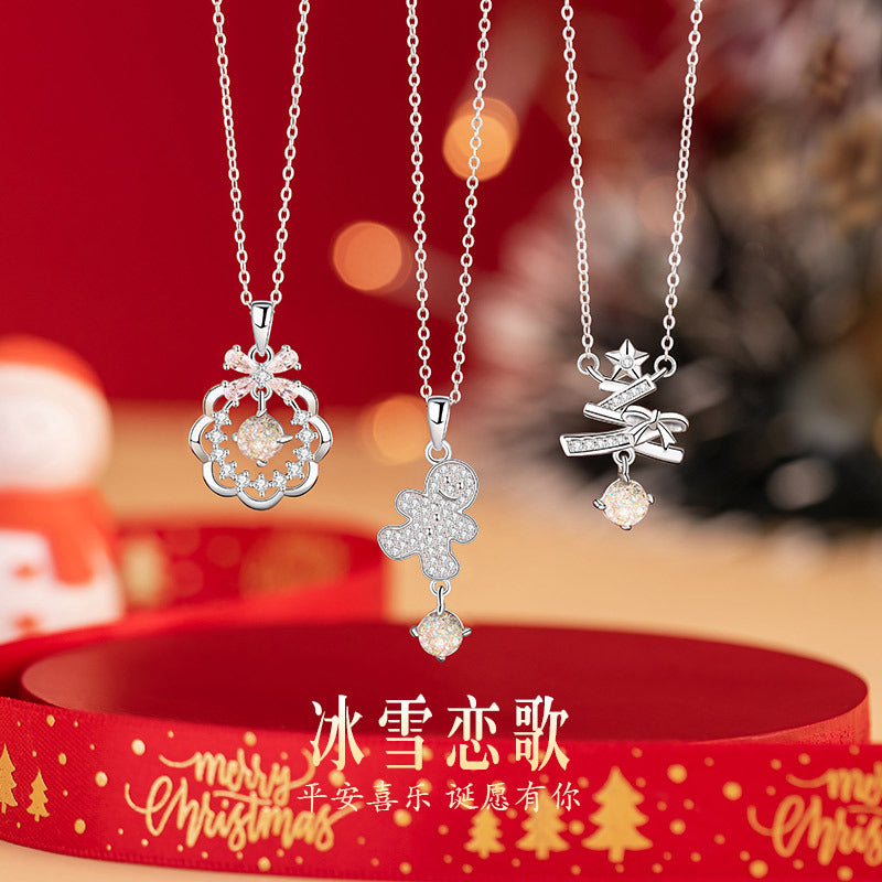 Christmas Tree Sterling Silver 925 Necklace Women's Fashion Versatile Bow Bell Sweater Chain Ins Ginger Cake Star Pendant