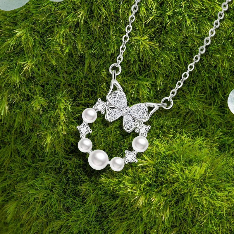 Butterfly Sterling Silver 925 Necklace Women's Fashion All-Match Shijia Pearl Clavicle Chain Ins Style Escape Princess Garland Pendant