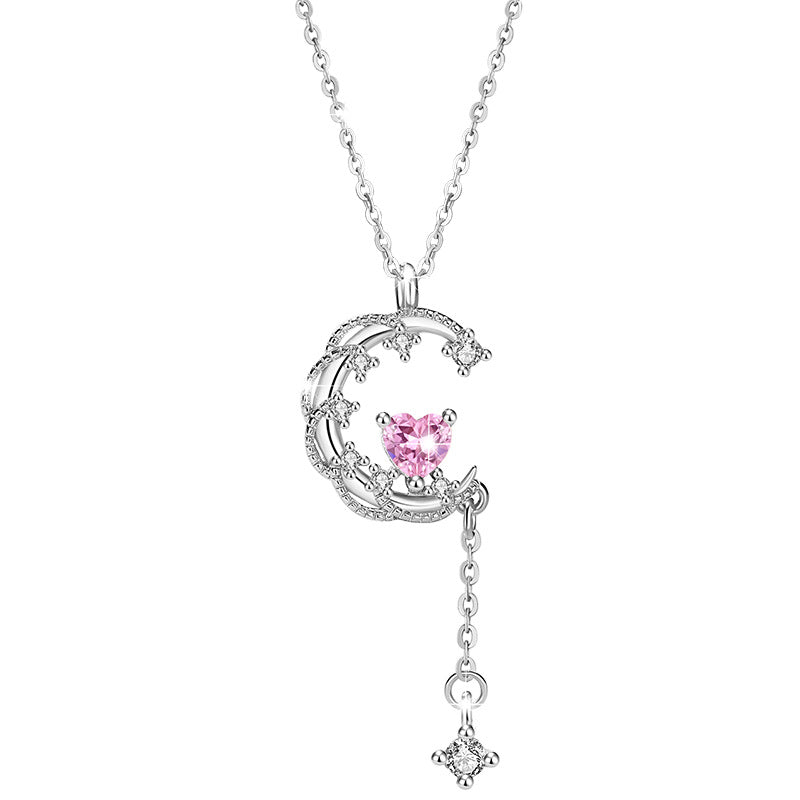 Moon Sterling Silver 925 Necklace Female Niche Design Light Luxury Tassel Clavicle Chain Get Things Ins Style Love Pendant