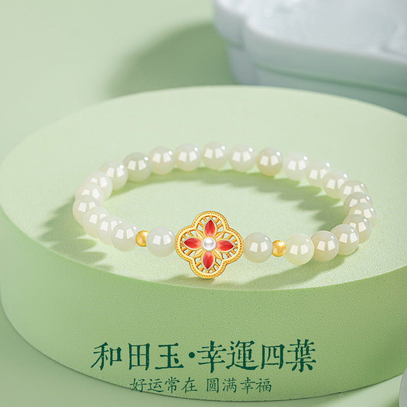 Lucky Clover Sterling Silver 925 Bracelet Female New Chinese National Fashion Natural Hetian Jade Flower Bracelet Pearl Bracelet