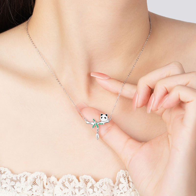 Panda Sterling Silver 925 Necklace Female Niche Design Light Luxury Tassel Zircon Clavicle Chain Ins Style Bamboo Pendant