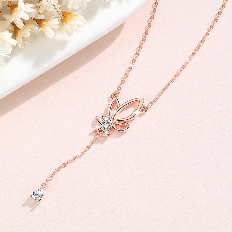Butterfly Sterling Silver 925 Necklace Women's Fashion All-Match Zircon Clavicle Chain Valentine's Day Goods Ins Style Tassel Pendant
