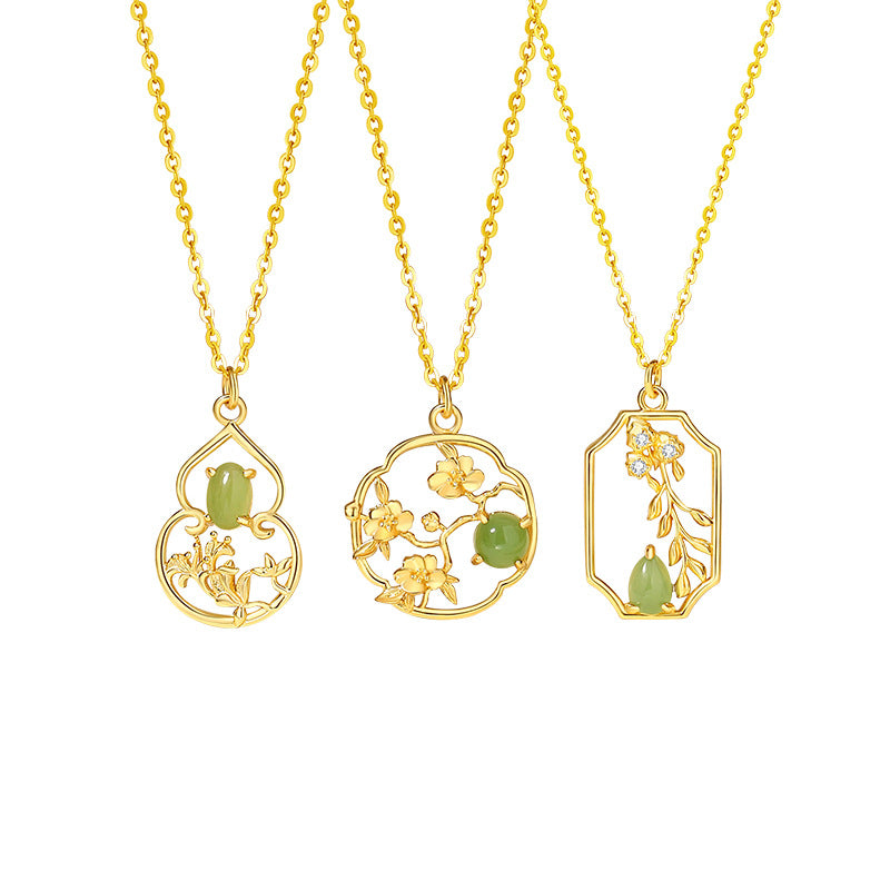 Fu Lu Sterling Silver 925 Hetian Jasper Necklace Women's New Chinese Style National Fashion Flowers like Brocade Clavicle Chain Ins Flower Pendant