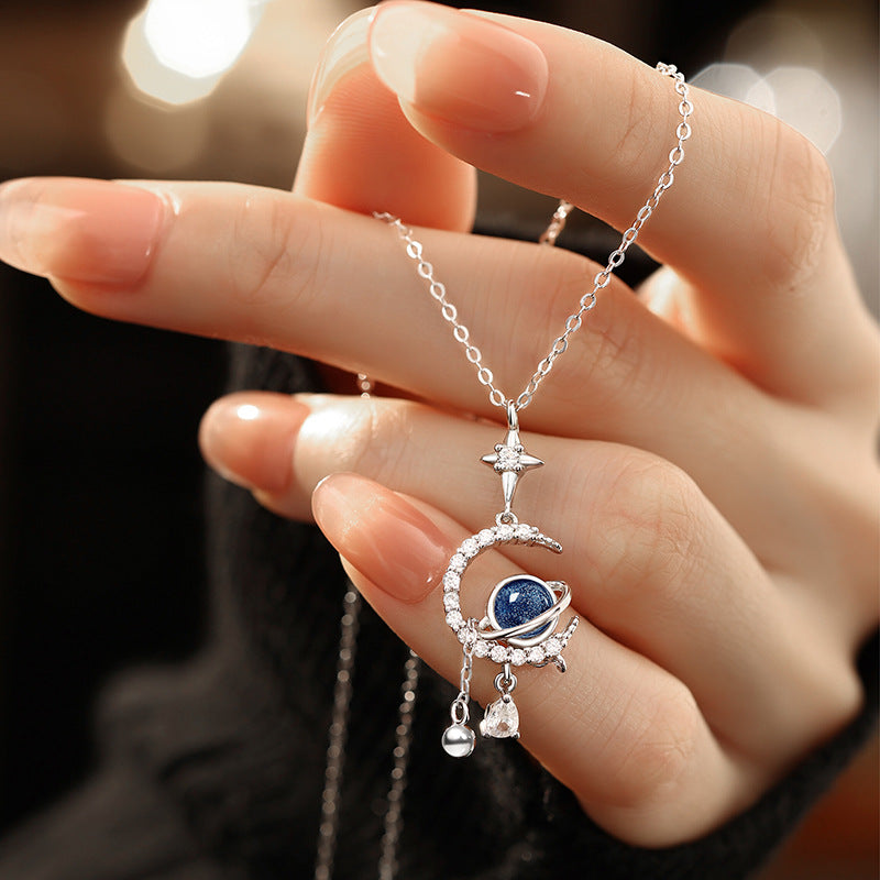 Planet S925 Sterling Silver Necklace Ins Style Natural White Agate Glass Stone Moon Pendant Star Tassel Clavicle Chain