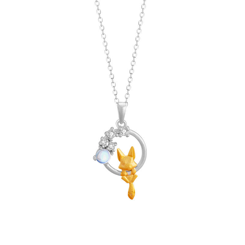 Fox Sterling Silver 925 Necklace Women's National Fashion New Year Flower Glass Stone Clavicle Chain Ins Style Fox Fairy Pendant
