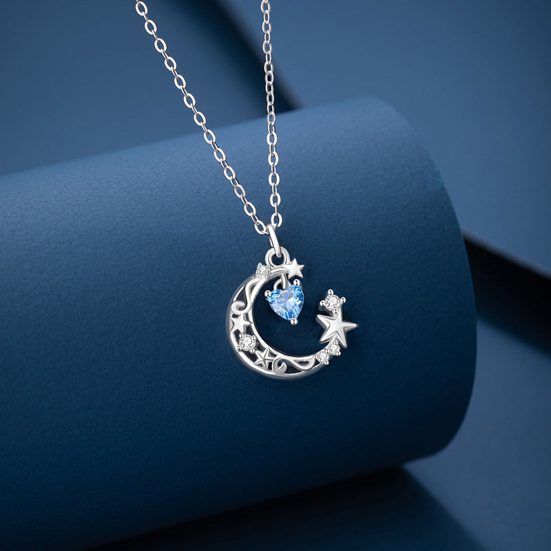 Star Sterling Silver 925 Necklace Female Niche Design Light Luxury Heart Zircon Clavicle Chain Ins Style Moon Pendant