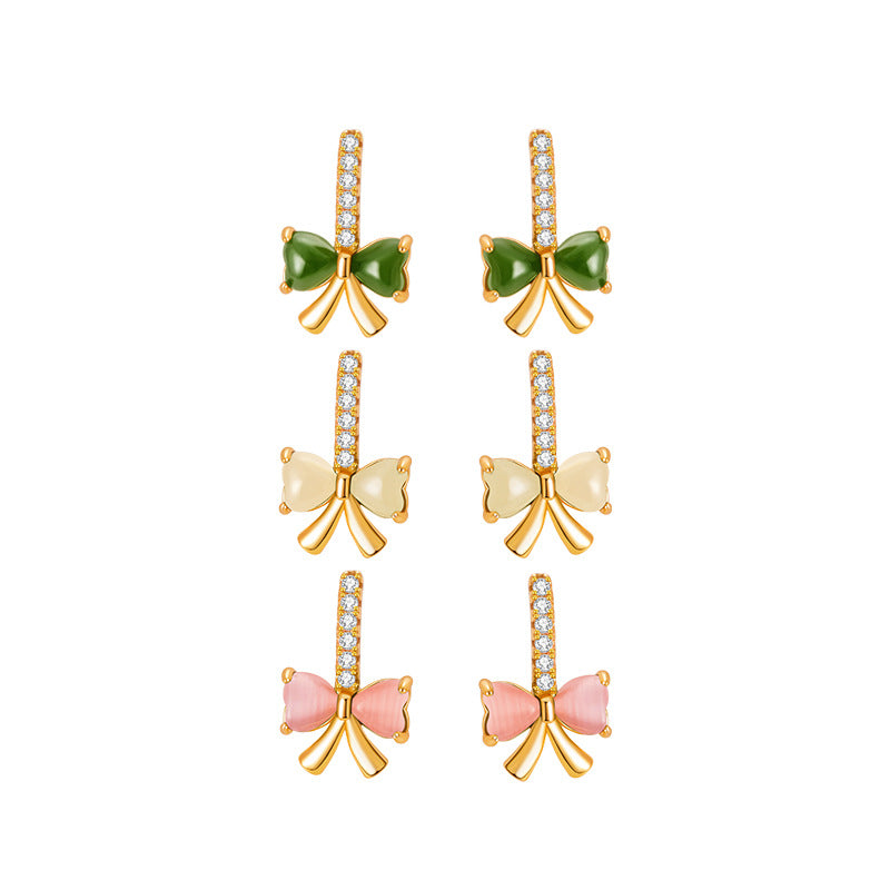 National Fashion S925 Sterling Silver Stud Earrings Women's Lovely Natural Hetian Jade Opal Bow Niche Jade Earrings