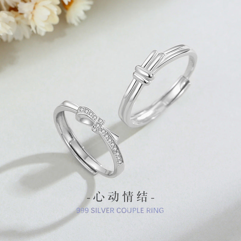 Original Double Knot Pure Silver 999 Couple Ring Men's and Women's Light Luxury High-Grade Zircon Ring Ins Bow Ring