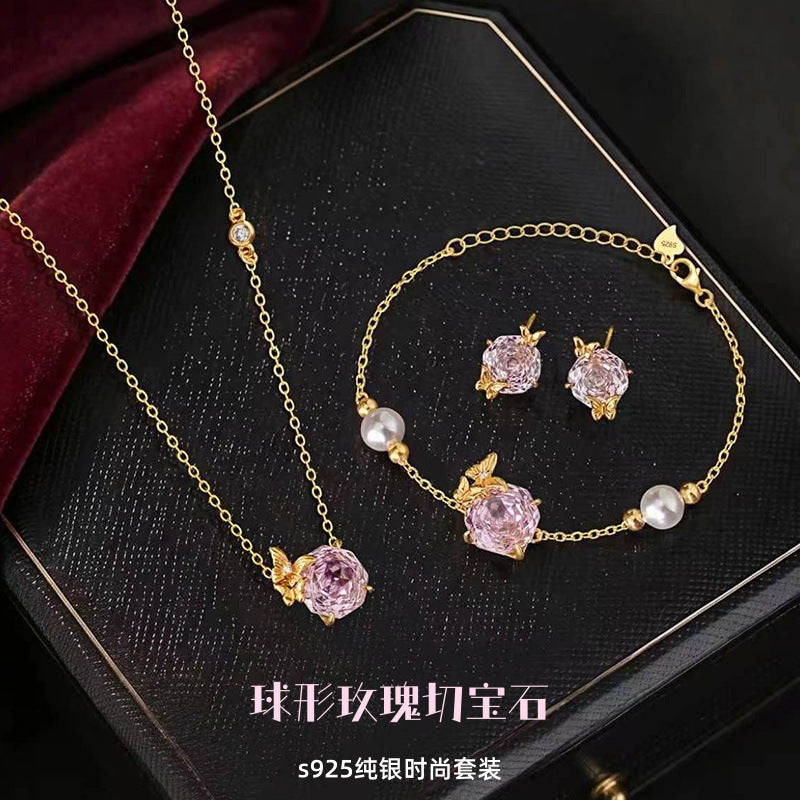 S925 Sterling Silver Necklace Bracelet Earrings High-Grade Spherical Rose Cut Pink Zirconium Pearl French Butterfly Jewelry Set