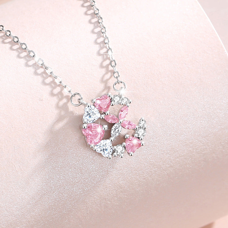 Butterfly Sterling Silver 925 Necklace Women's Fashion All-Match Pink Zircon Clavicle Chain Get Things Ins Style Love Pendant