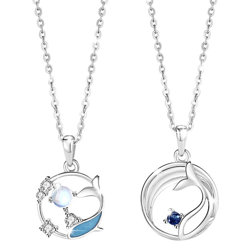 Whale Has You Sterling Silver 925 Couple Necklace, INS Glazed Stone Clavicle Chain 520 Valentine's Day Fishtail Pendant