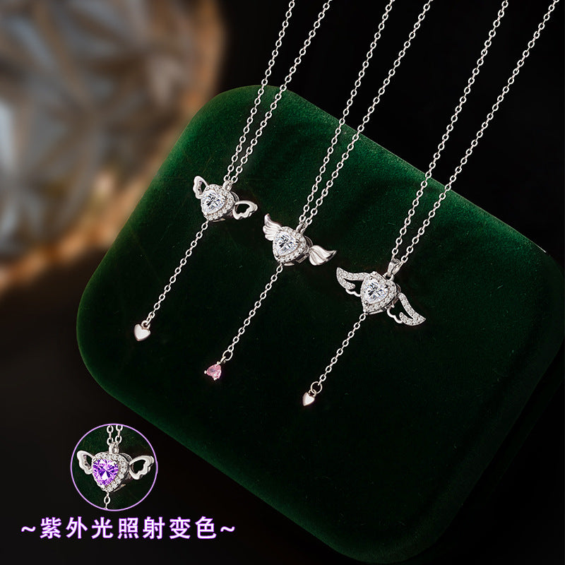New Angel Wings S925 Sterling Silver Necklace Female UV Color-Changing Heart Stone Clavicle Chain Sweet Girl All-Match Jewelry